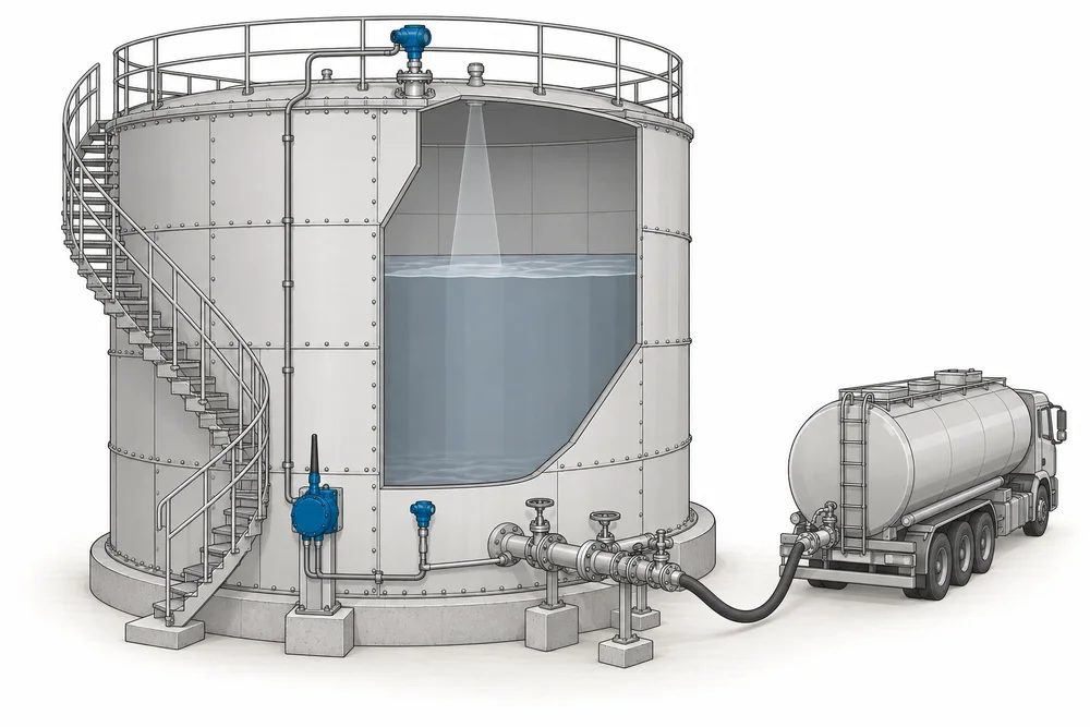Ilustración de tanque instrumentado conectado a un camión cisterna